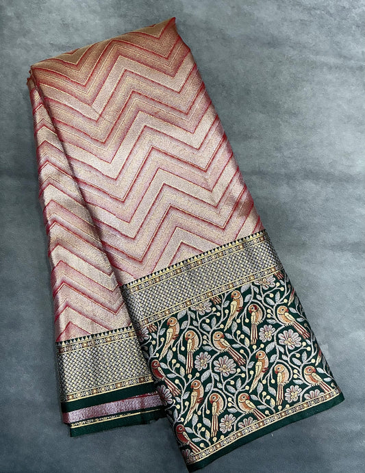 Orange Color Tissue Saree with Contrast Green Color border