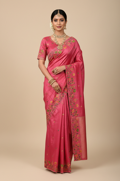 Pink Color Tussar Saree with Embroidered Border