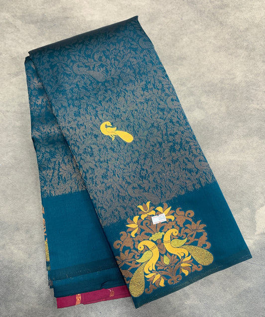 Rama Blue Colour Semi Silk Saree with Peacock Motif