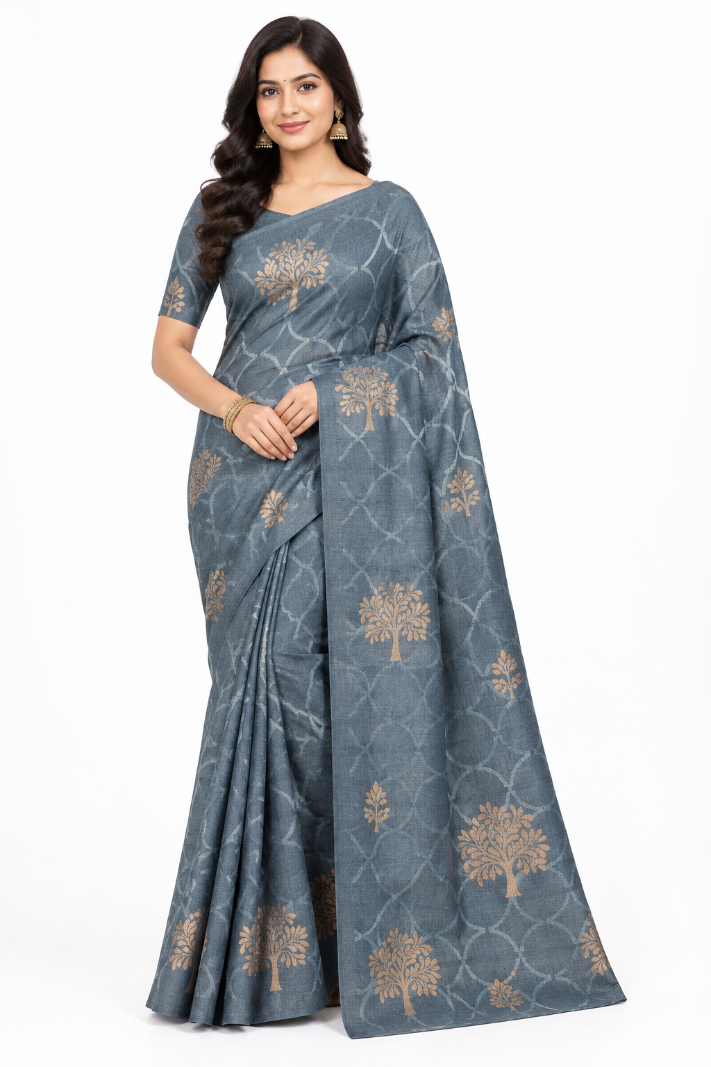 Grey Colour Jute Silk Saree with Balloon Butta, Borderless