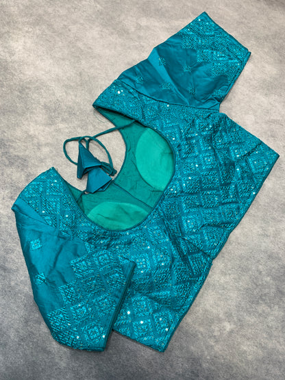 Ready-to-Wear Embroidered Silk Blouse - Sky Blue (Silver Embroidery)