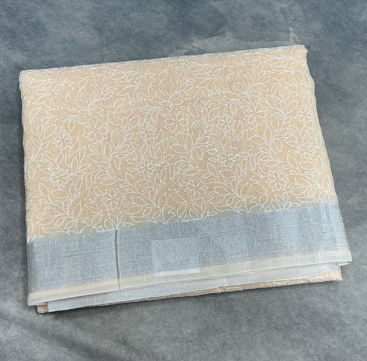 Silk Cotton Saree Light Pastel Peach Color with Silver Zari Border