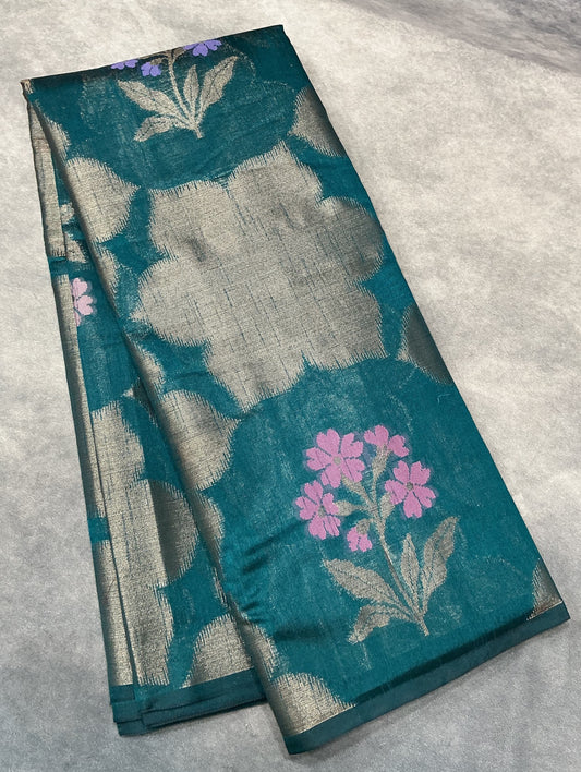 Rama Blue Colour Chanderi Silk Saree, Borderless