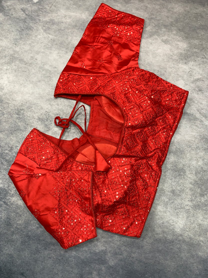 Ready-to-Wear Embroidered Silk Blouse - Red (Silver Embroidery)