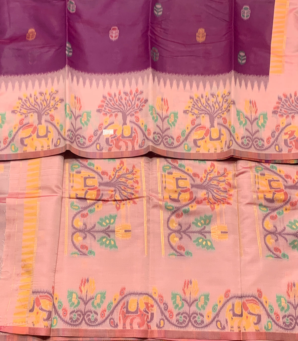 Purple Colour Satin Saree with Light Pink Colour Ikat Border