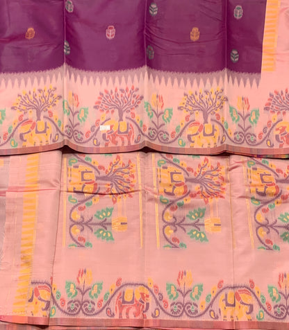 Purple Colour Satin Saree with Light Pink Colour Ikat Border