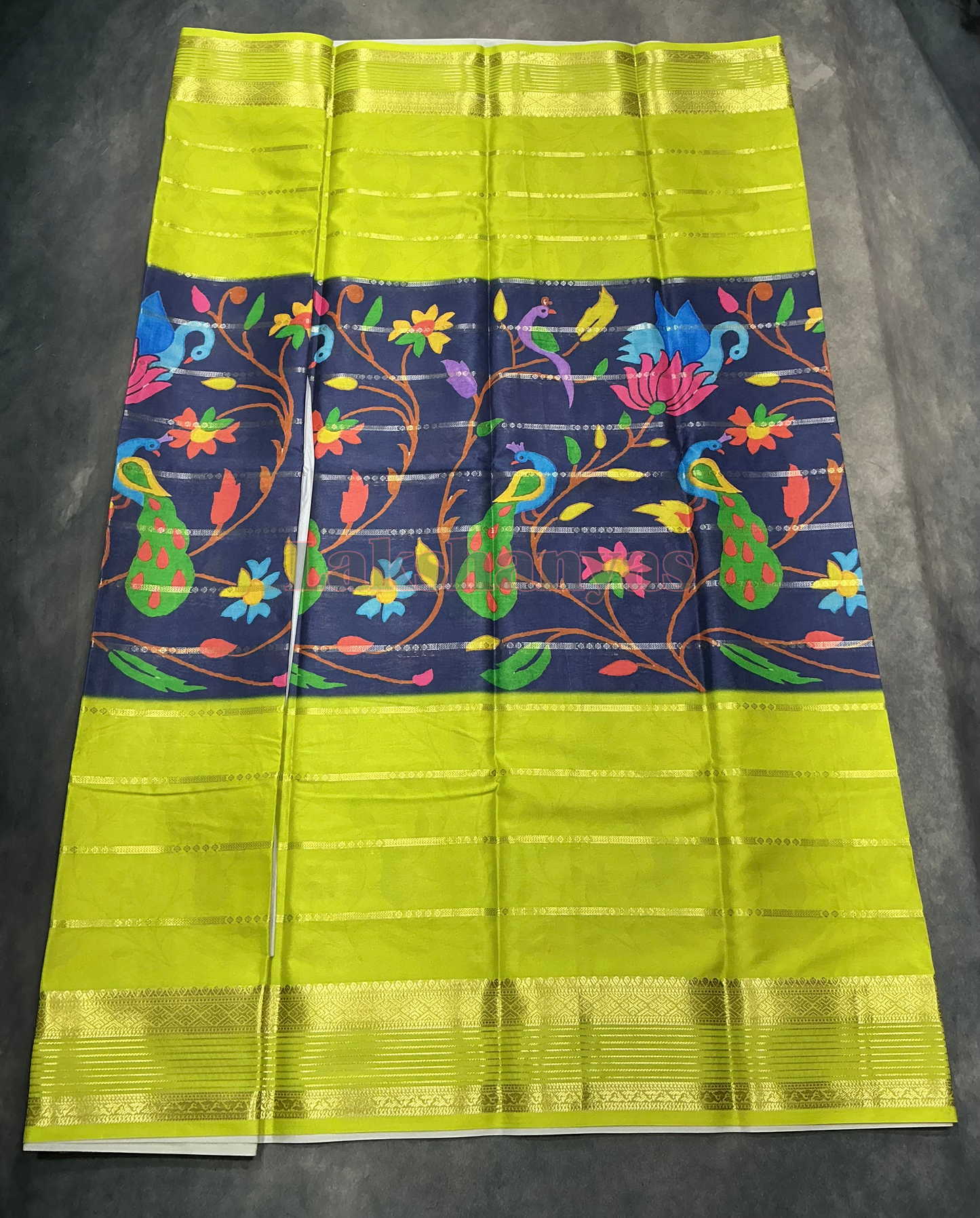 Blue & Lime Green Peacock Printed Mysore Crepe Saree