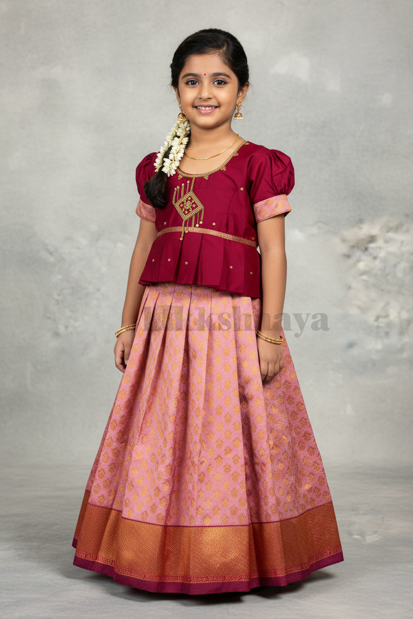 Ready To Wear Pavadai Pink Color with Magenta Color Blouse