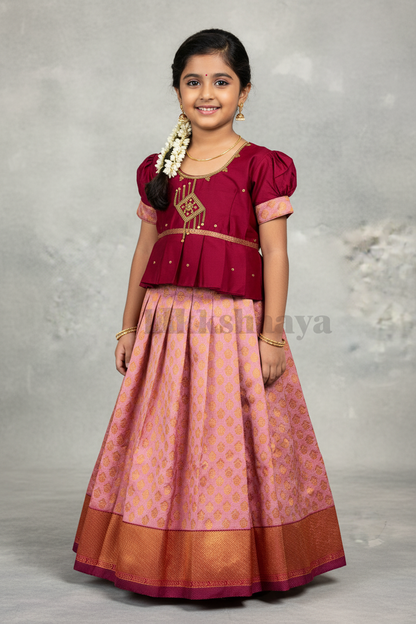 Ready To Wear Pavadai Pink Color with Magenta Color Blouse