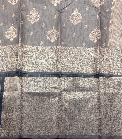 Semi Jute Silk Saree – Grey with Silver Zari Border (Style 2)