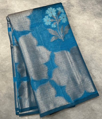 Peacock Blue Colour Chanderi Silk Saree, Borderless