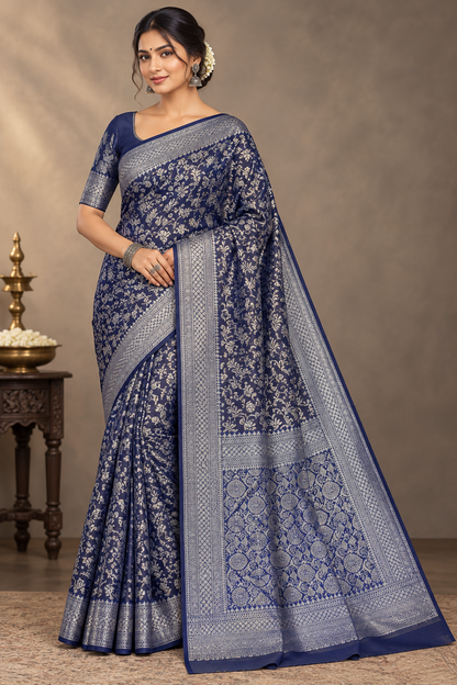 Navy Blue Colour Semi Silk Saree with Black Meenakari Work