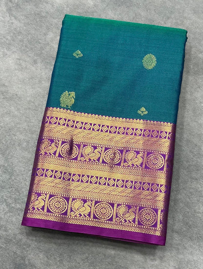 Peacock Green Color Vegan Silk saree with Pink Colour with Annam and Chakaram Design border