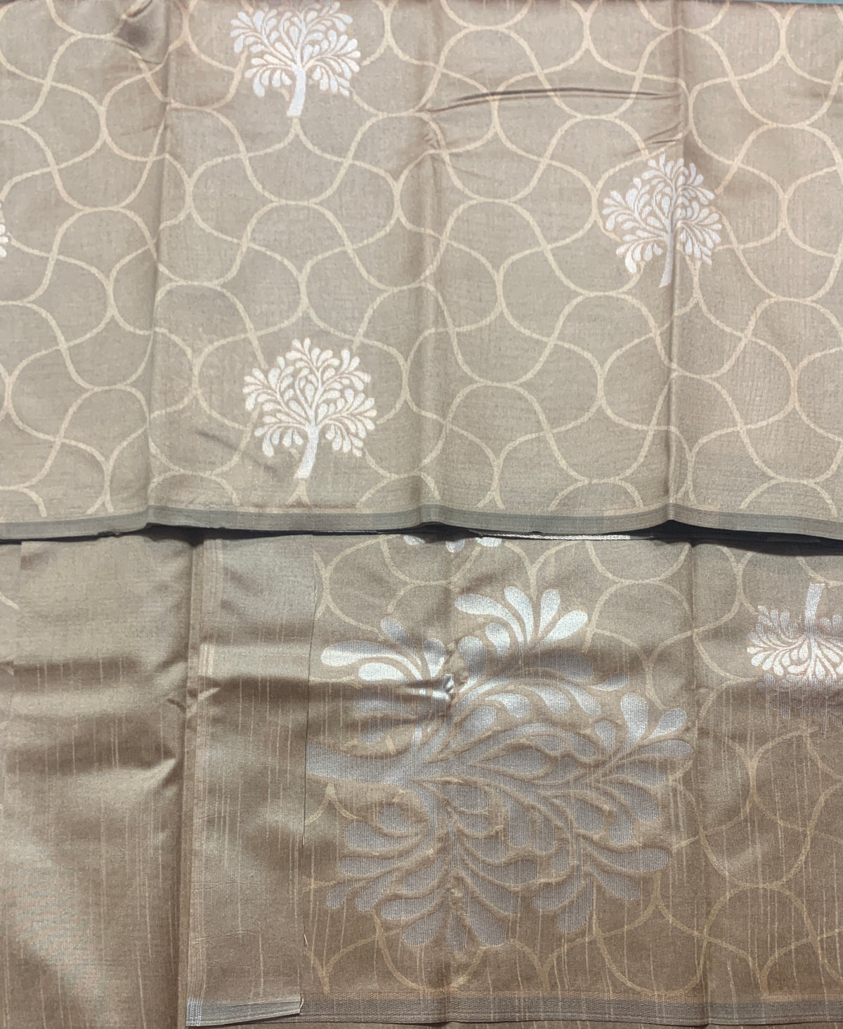 Biscuit Colour Jute Silk Saree with Balloon Butta, Borderless