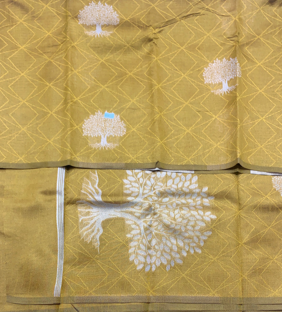Mustard Colour Jute Silk Saree with Tree Butta, Borderless