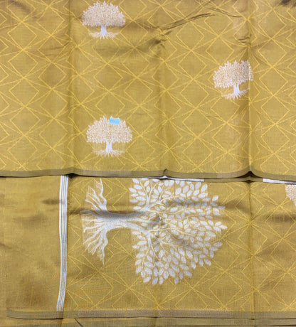 Mustard Colour Jute Silk Saree with Tree Butta, Borderless