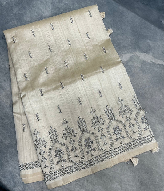 Off White Tussar Saree with Geometric Border