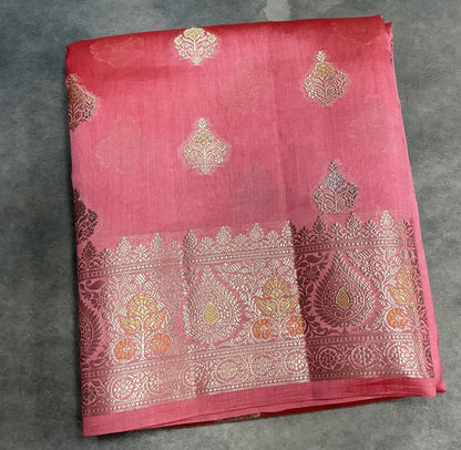 Semi Tussar Silk Saree Peach Pink Colour with Silver Zari Border