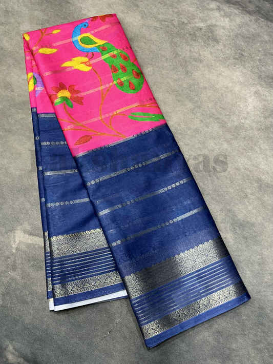 Pink & Blue Peacock Printed Mysore Crepe Saree