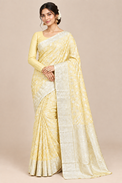 Katan Silk Saree Yellow Colour with Silver Zari Border