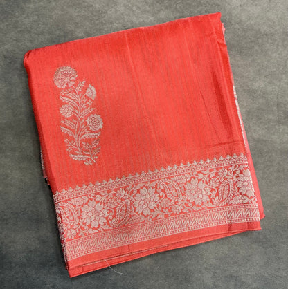 Semi Banarasi Saree Peachish Orange Color with Silver Zari Design Border