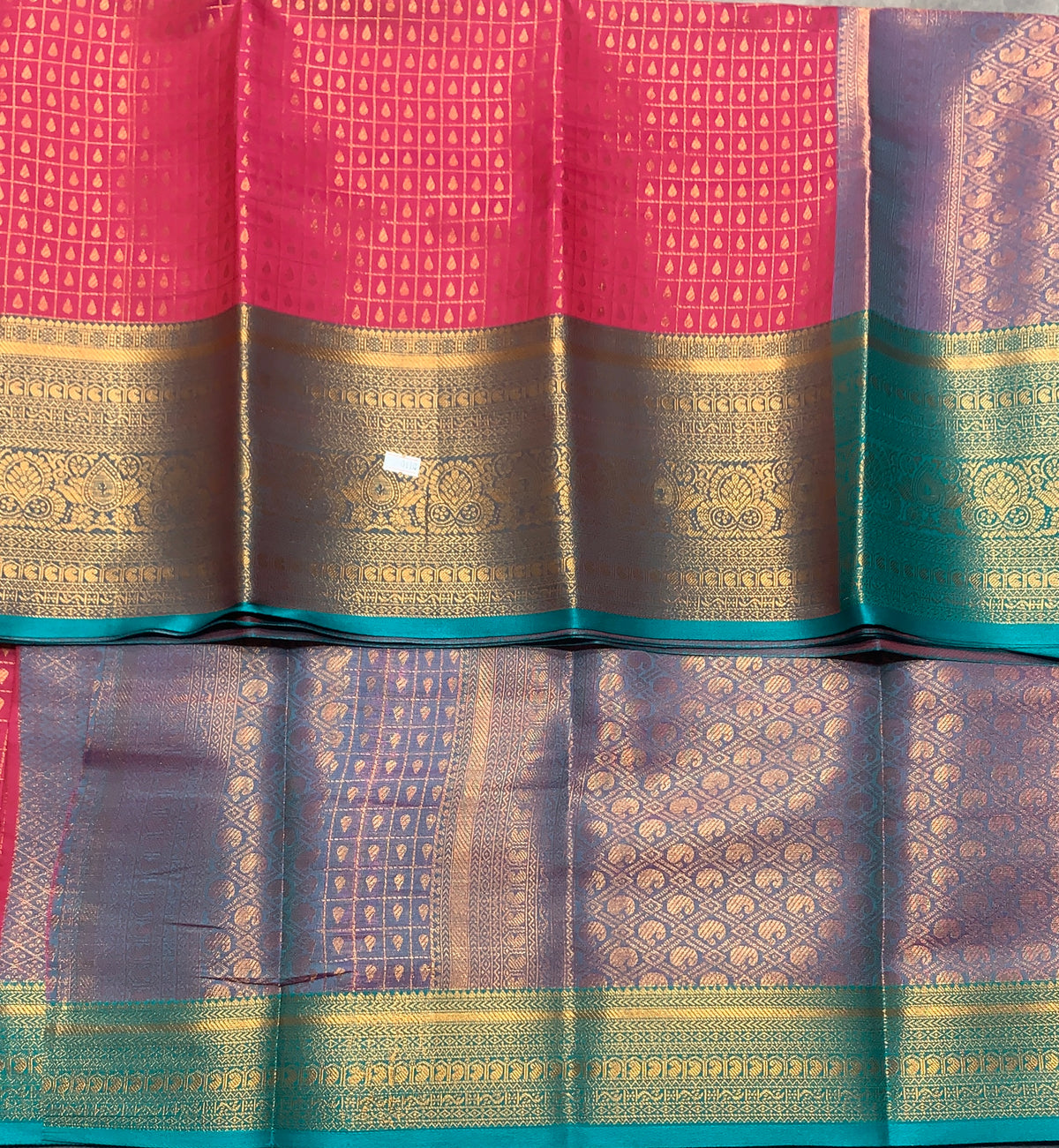 Pink Colour Kanchi Style Art Silk Saree with Rama Green Border and 1000 Butta