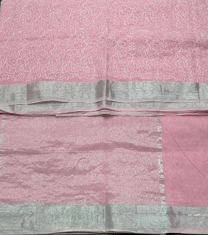 Silk Cotton Saree Baby Pink Color with Silver Zari Border