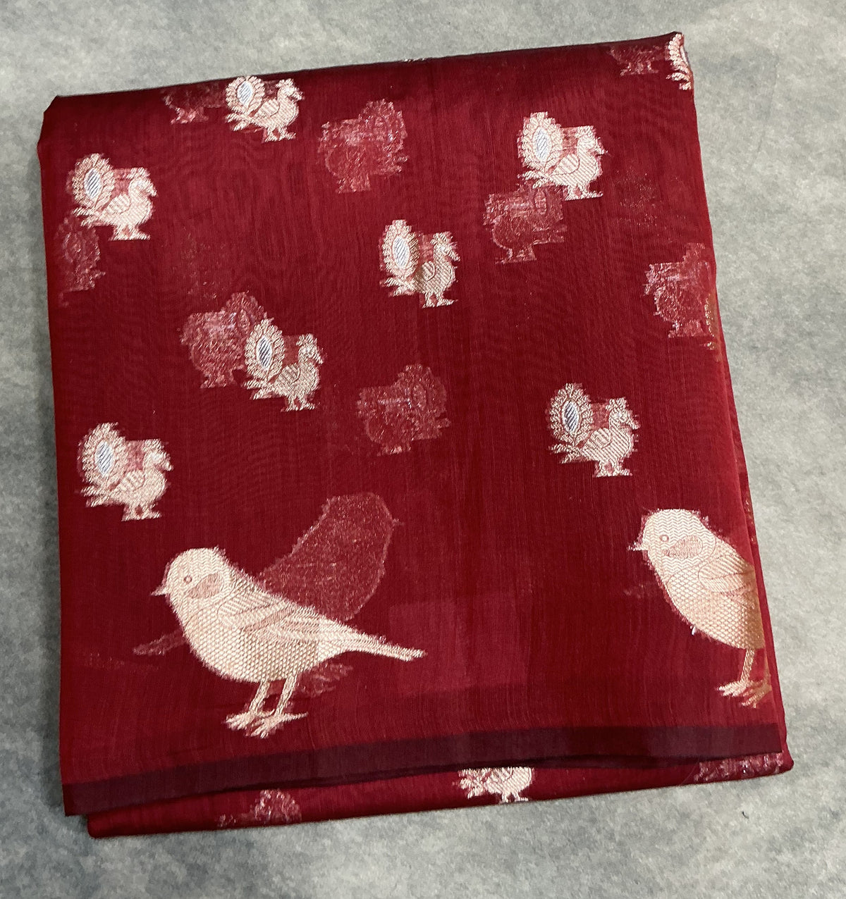 Silk Cotton Saree Maroon Colour with Peacock and Sparrow Butta