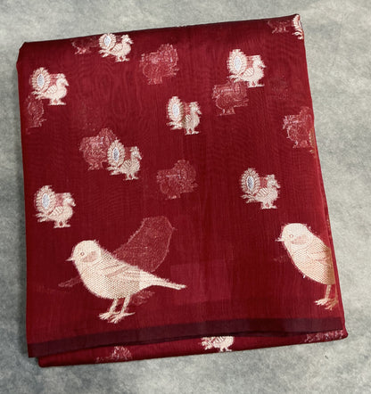 Silk Cotton Saree Maroon Colour with Peacock and Sparrow Butta
