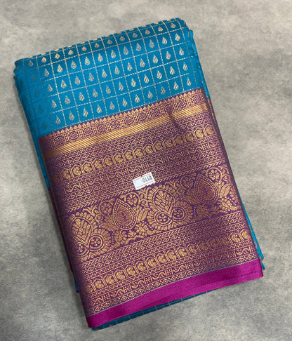 Blue Colour Kanchi Style Art Silk Saree with Magenta Border and 1000 Butta