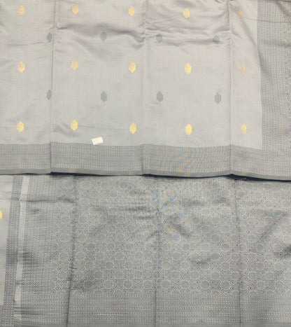 Semi Soft Silk Saree – Grey with Butta and Silver Zari Border