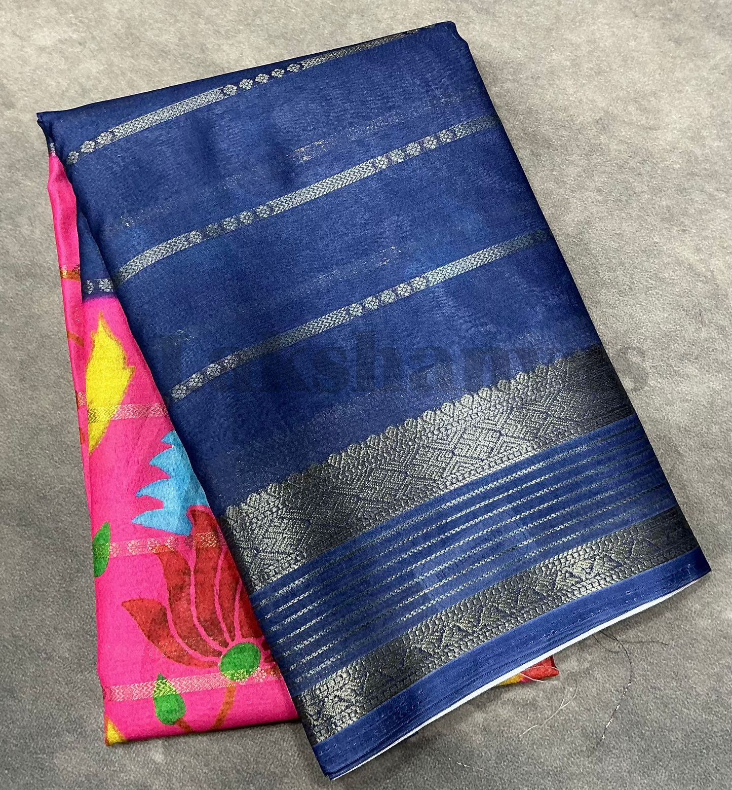 Pink & Blue Peacock Printed Mysore Crepe Saree