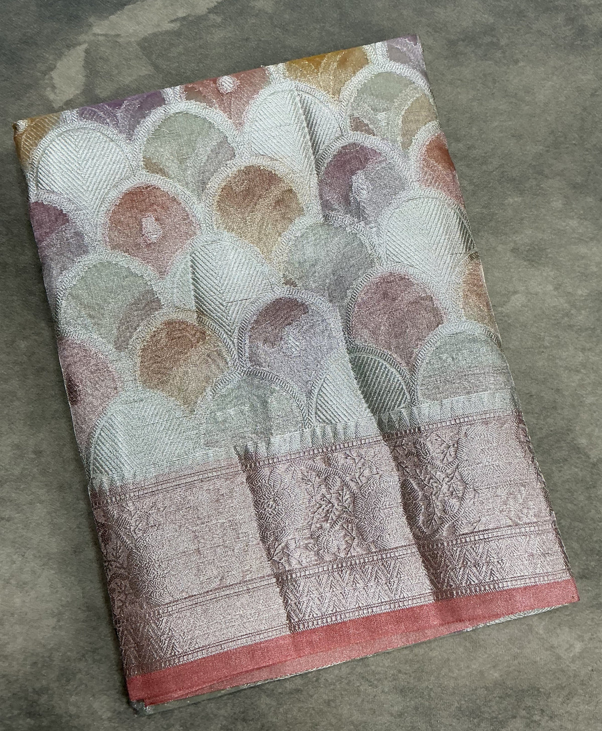 Katan Tissue Semi Silk Saree Multicolour Pastel with Peach Pink Colour Border