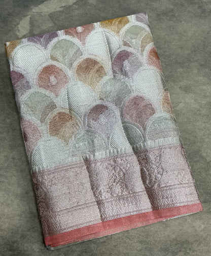 Katan Tissue Semi Silk Saree Multicolour Pastel with Peach Pink Colour Border