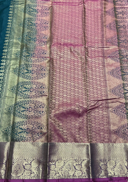 Green Color Vegan Silk saree with Pink border