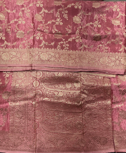 Semi Banarasi Saree Onion Pink Colour with Sliver Zari Border
