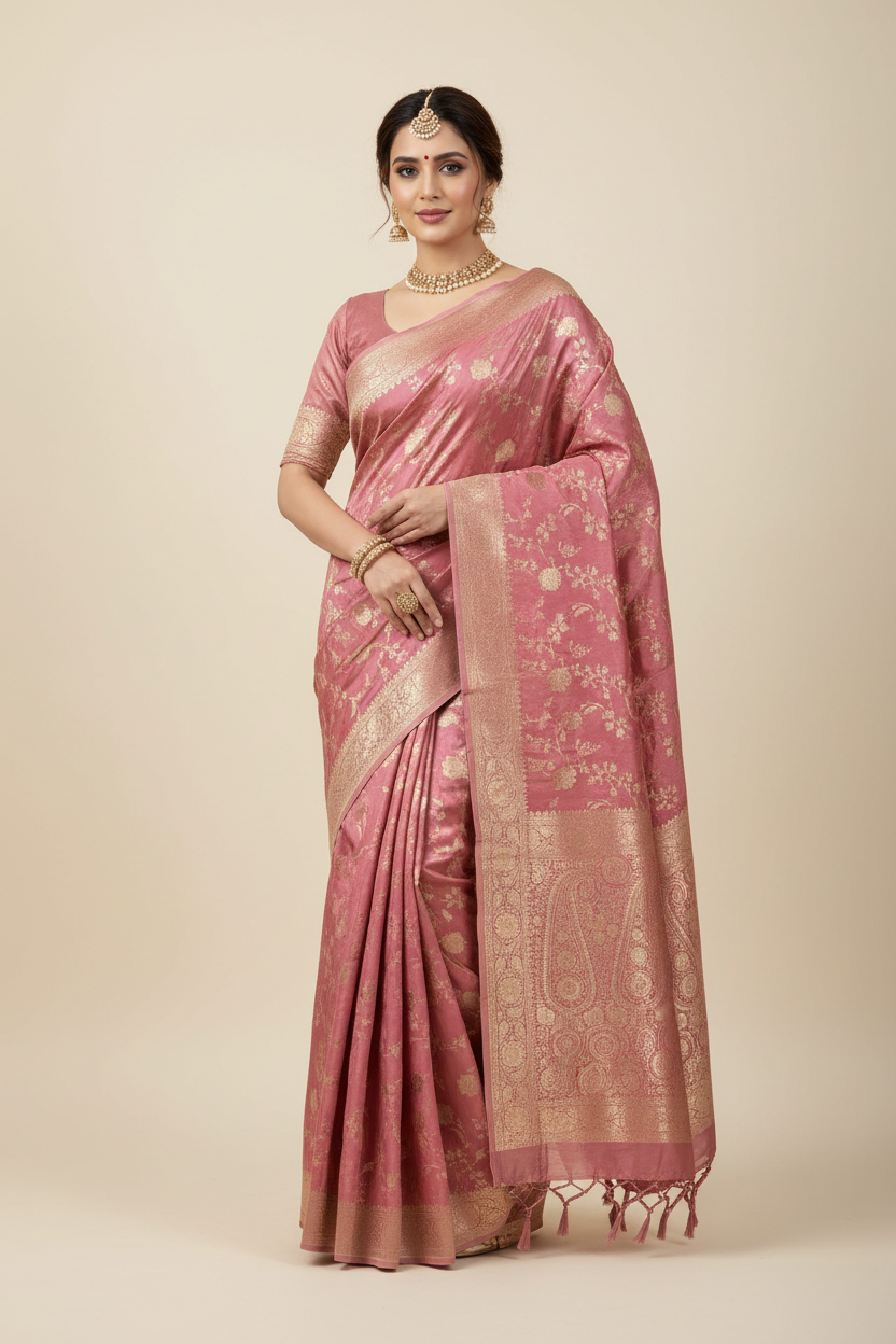 Semi Banarasi Saree Onion Pink Colour with Sliver Zari Border
