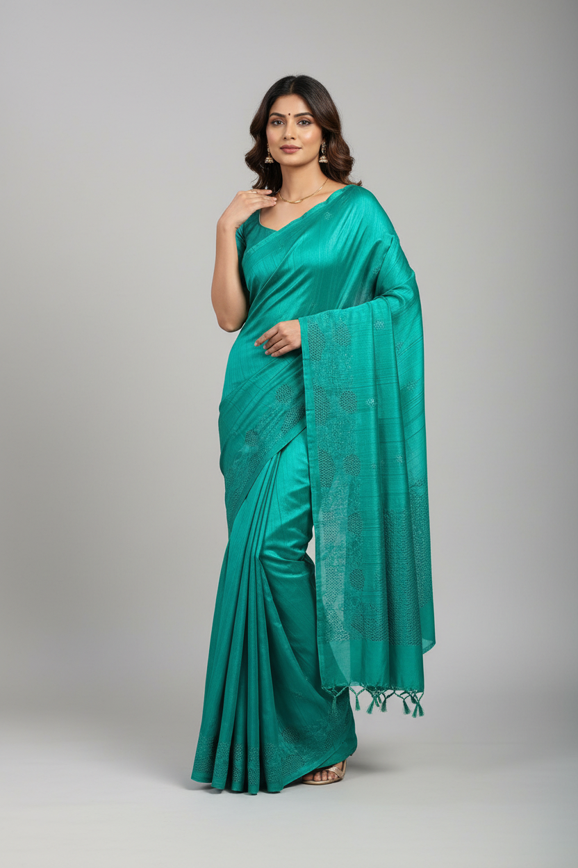 Rama Green Tussar Saree with Cut Work Border