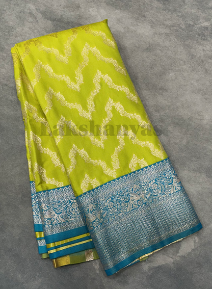 Apple Green Color Vegan Silk saree with Sky Blue Color border