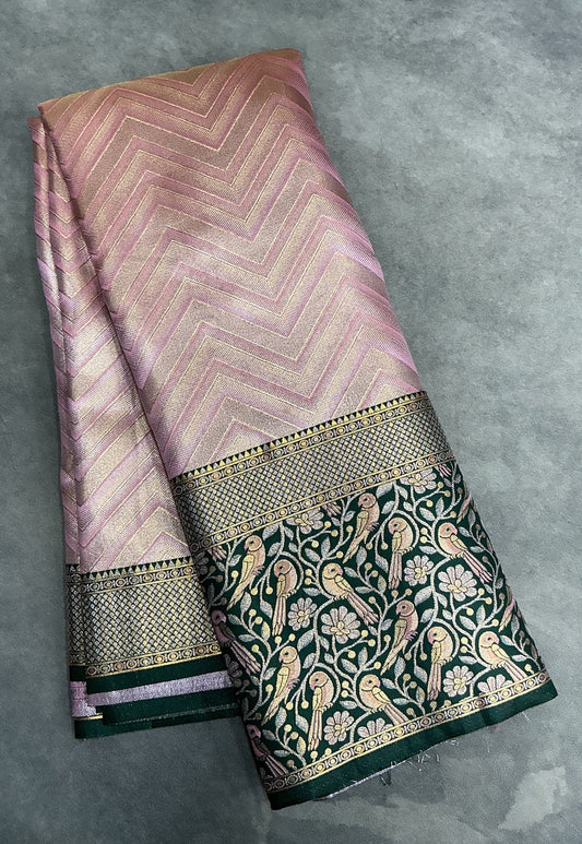 Light Pink Color Tissue Saree with Contrast Green Color Border