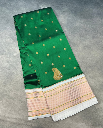 Emerald Green Vegan Silk Paithani Saree with Copper Zari