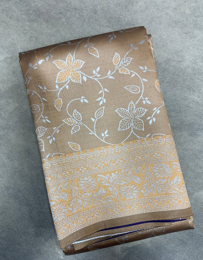 Light Brown Colour Jute Silk Saree with Floral Creeper