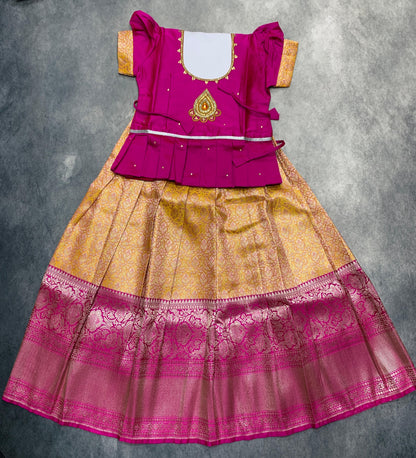 Ready To Wear Pavadai Yellow Colour with Pink Colour Blouse