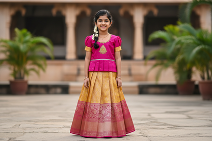 Ready To Wear Pavadai Yellow Colour with Pink Colour Blouse