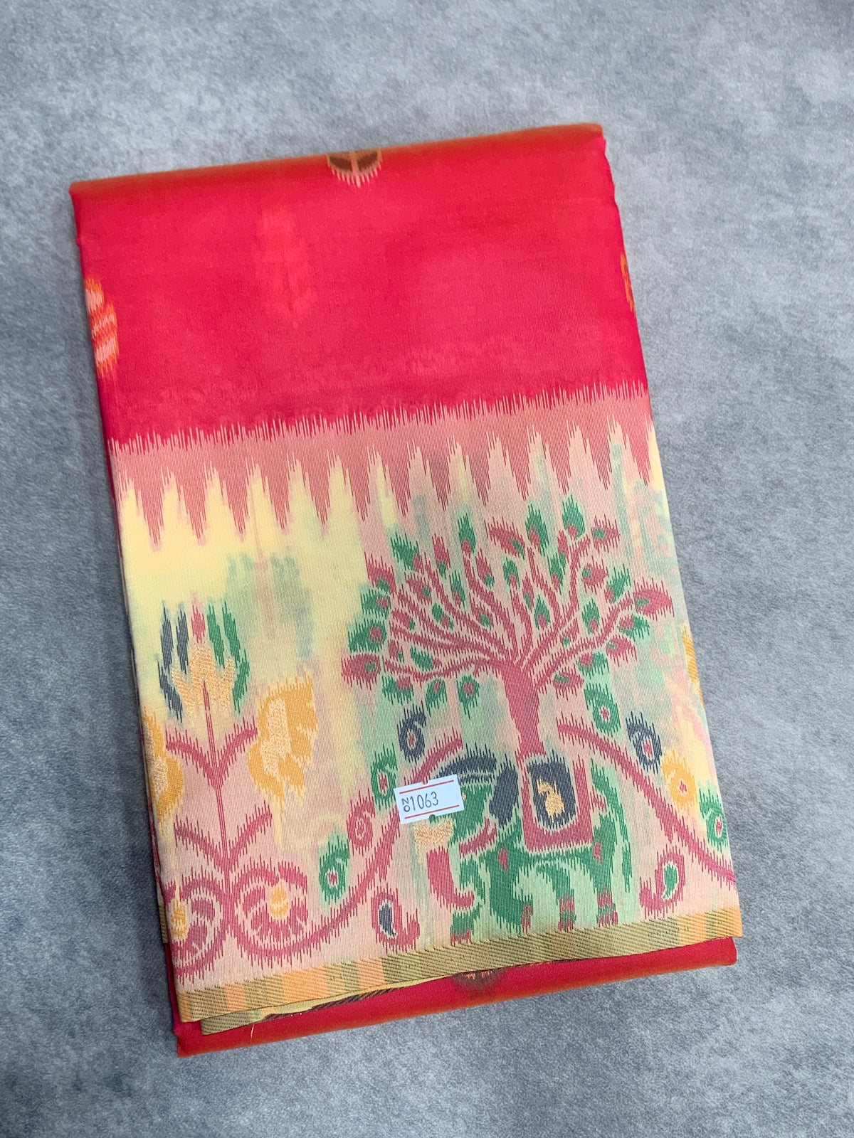 Red Colour Satin Saree with Lemon Yellow Colour Ikat Border