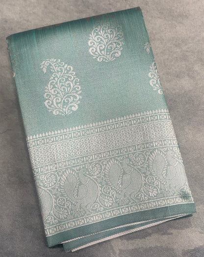 Sea Green Colour Semi Jute Silk Saree with Silver Zari Border