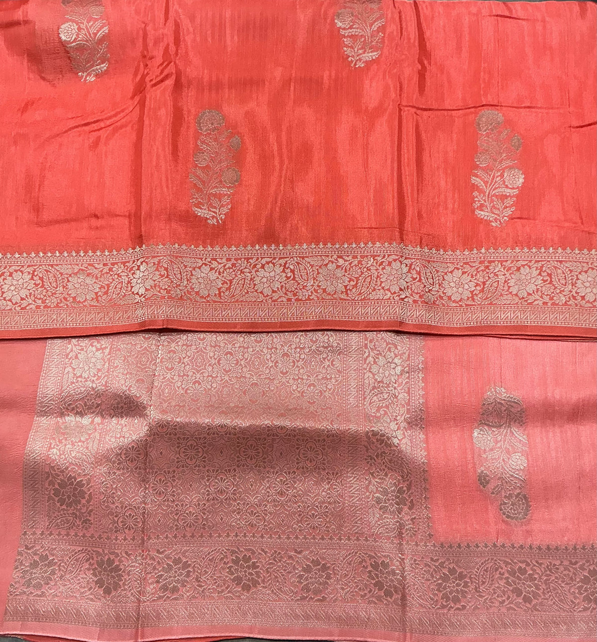Semi Banarasi Saree Peachish Orange Color with Silver Zari Design Border