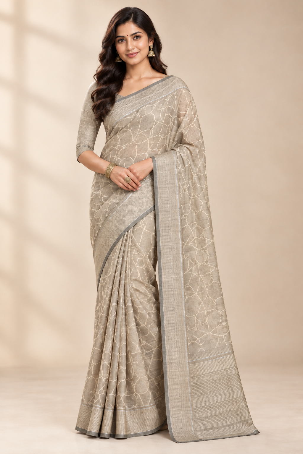 Biscuit Colour Jute Silk Saree with Leaf Butta and Zari Border
