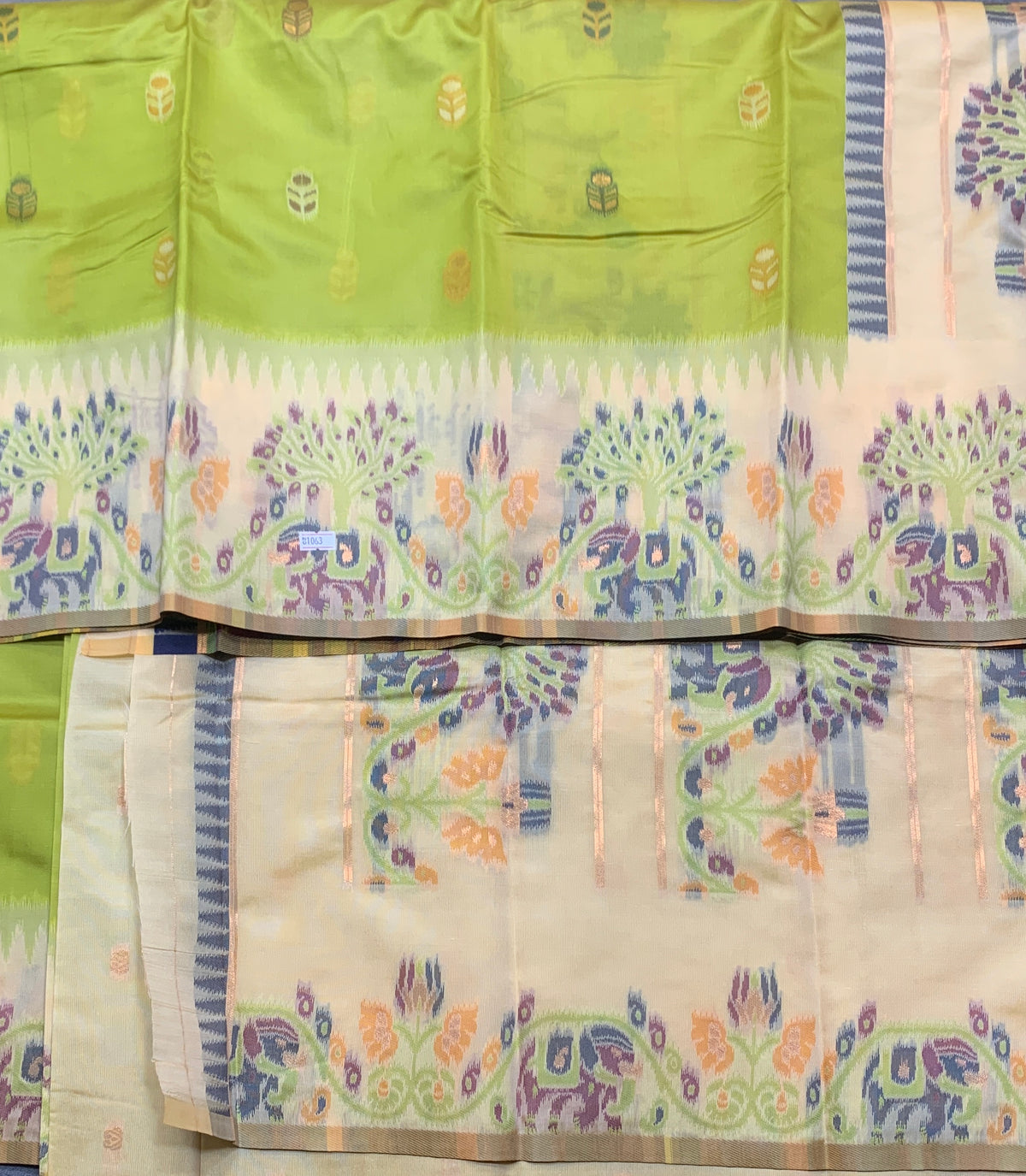 Apple Green Colour Satin Saree with Light Yellow Colour Ikat Border