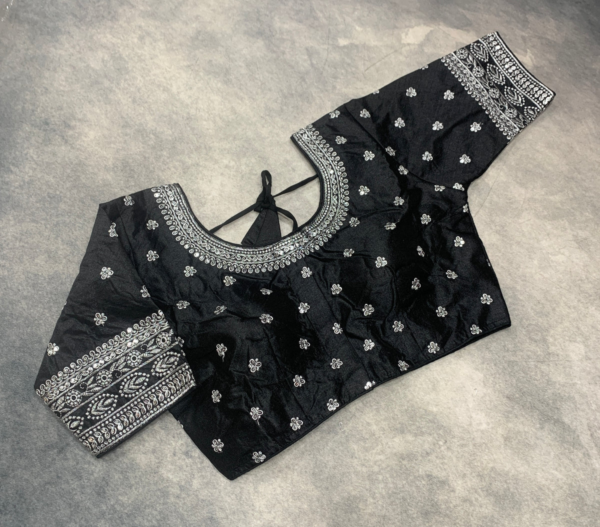 Ready-to-Wear Embroidered Silk Blouse - Black (Golden Embroidery)